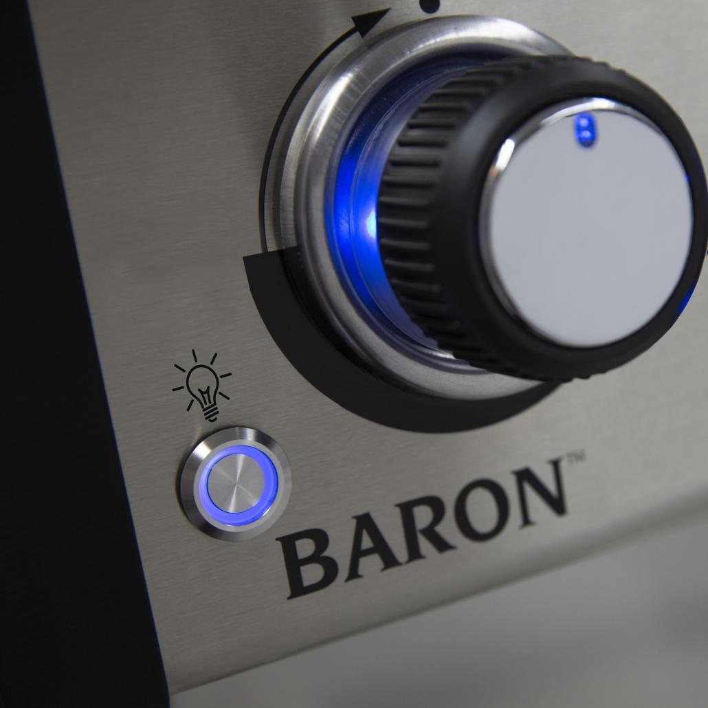 Mando de control con iluminación LED azul y botón de luces de la barbacoa Broil King Baron S
