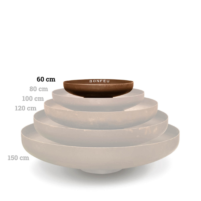 Infografía de diámetros del BonBowl desde 60cm hasta 150cm de ancho.