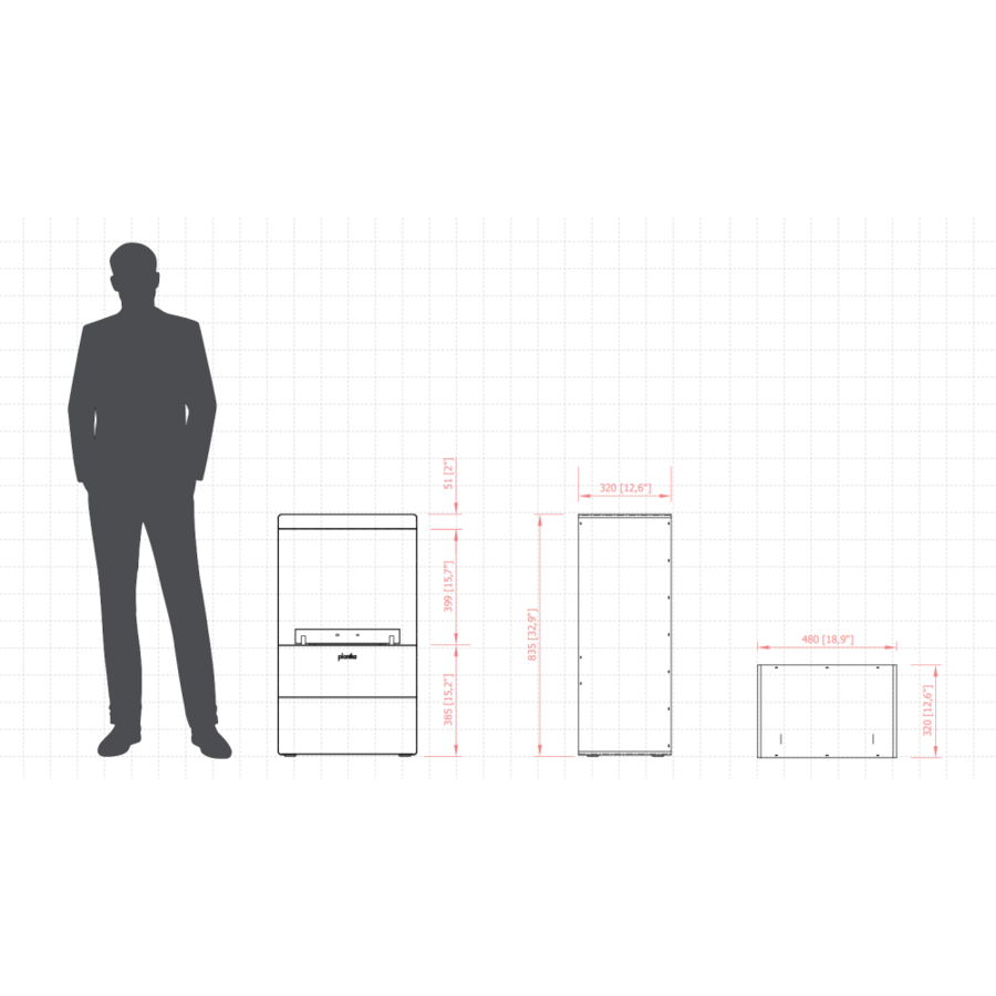 Plano de dimensiones y escala humana de la estufa de bioetanol Senso Stove para proyectos de interior