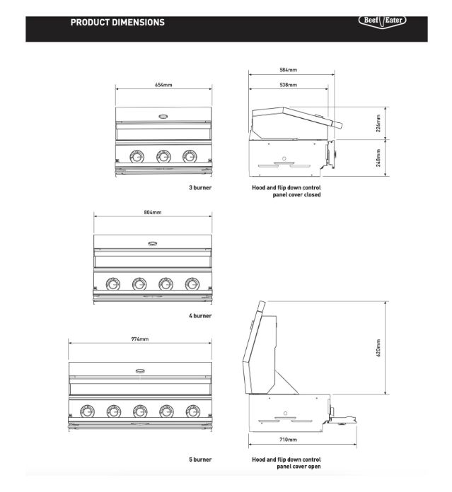 Plano técnico y dimensiones de corte para la instalación de la barbacoa BeefEater Discovery 1700 de 3 quemadores.