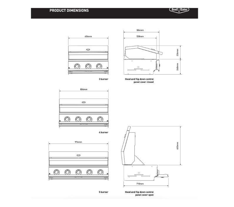 Plano técnico con dimensiones de corte y montaje para la barbacoa BeefEater Discovery 1700 de 5 quemadores.