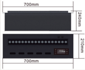 Plano técnico y dimensiones del insertable de vapor Relaxfire RGB de 70 cm