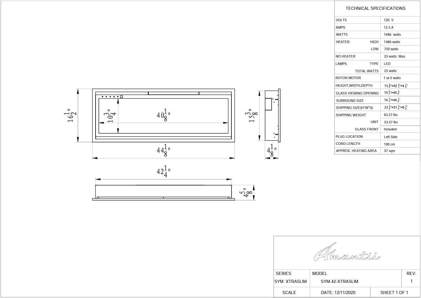 Plano técnico y dimensiones de encastre para la chimenea eléctrica Amantii SYM Slim