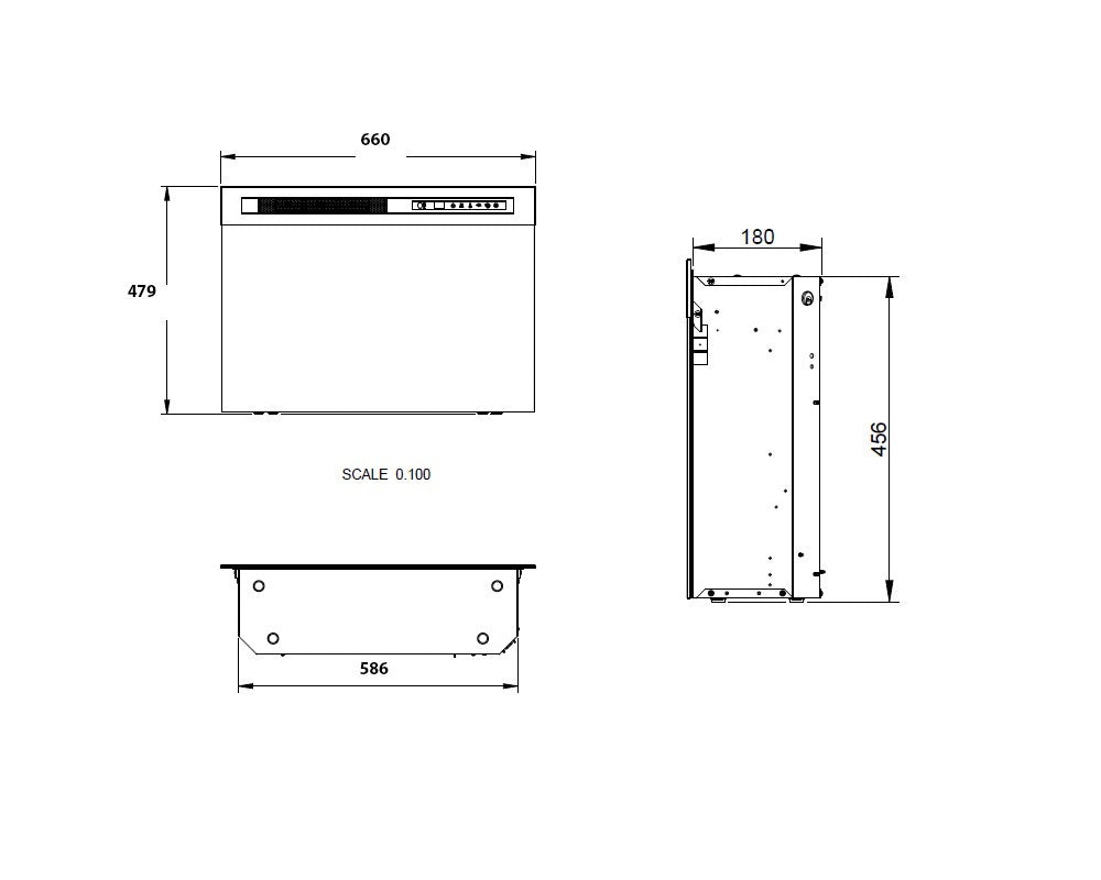 Plano con dimensiones de ancho, alto y fondo para la instalación de la Dimplex Night Box