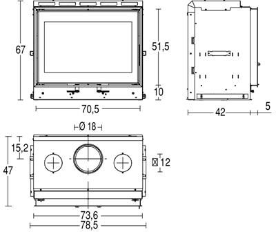 Esquema técnico y dimensiones de montaje para el insertable de leña Piazzetta Berna, incluyendo diámetros de salida de humos.