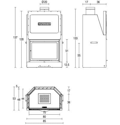 Plano técnico con las dimensiones detalladas, salida de humos y proporciones verticales del hogar de leña MA 260 SL de Piazzetta