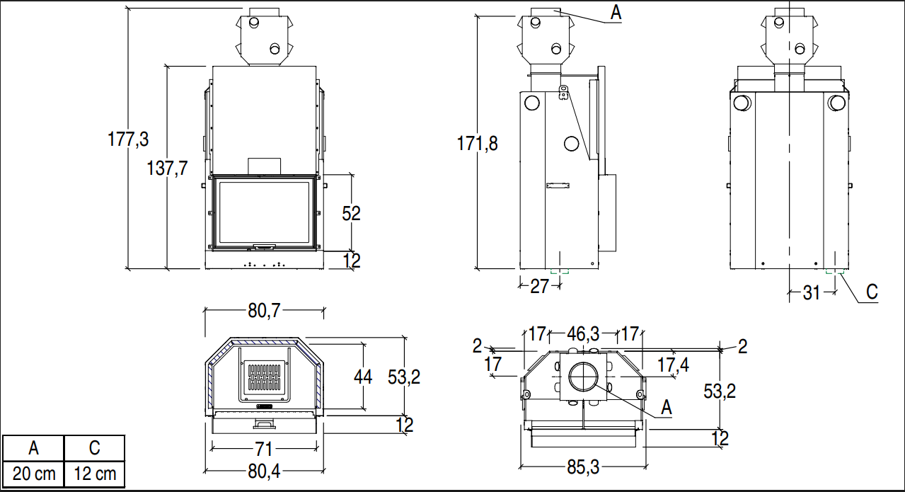 Esquema técnico con dimensiones detalladas y planos de instalación del hogar de leña Piazzetta ME 70.