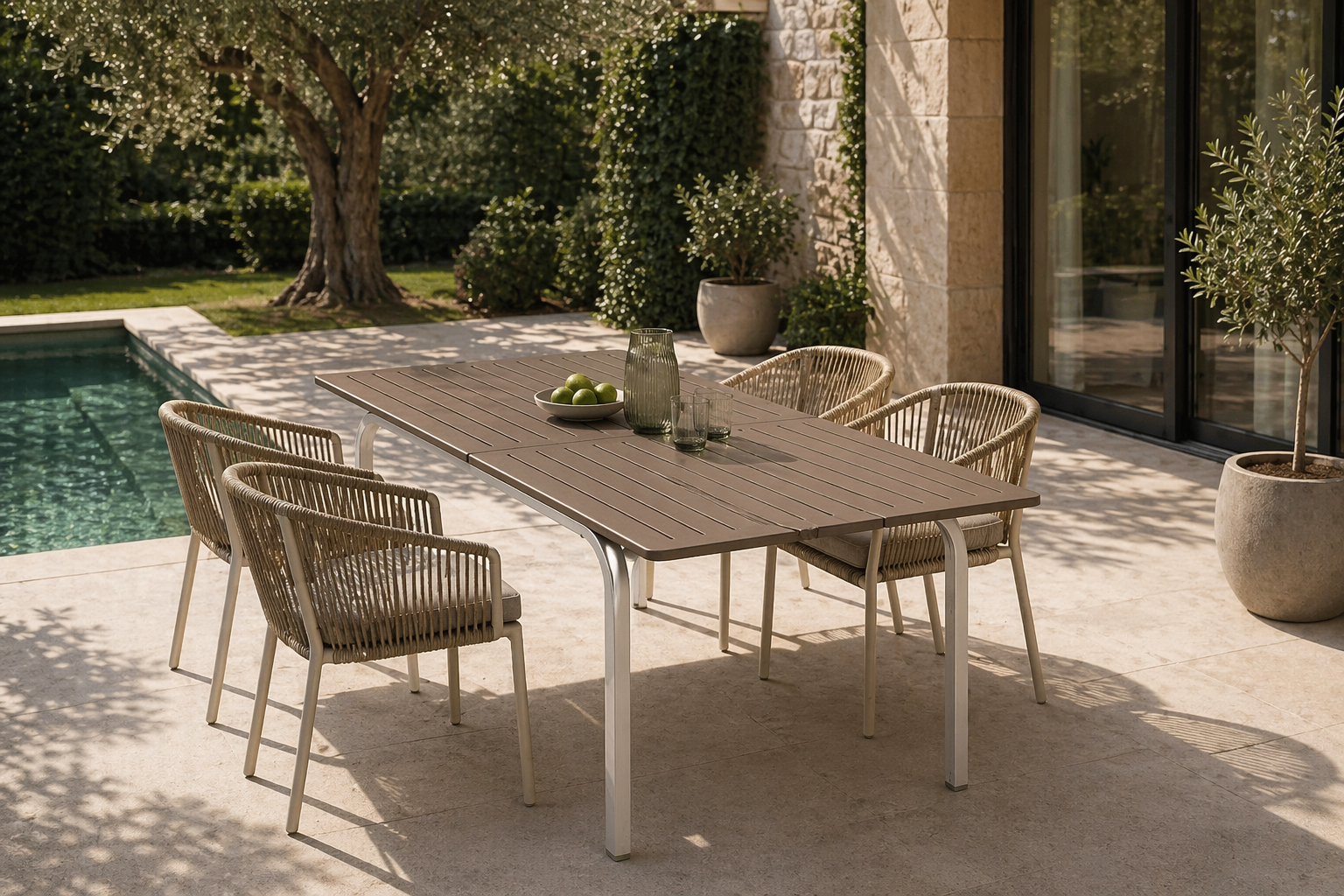 Mesa extensible Nardi Alloro 140 en color Tortora, ambientada en un comedor de exterior junto a la piscina con sillas a juego
