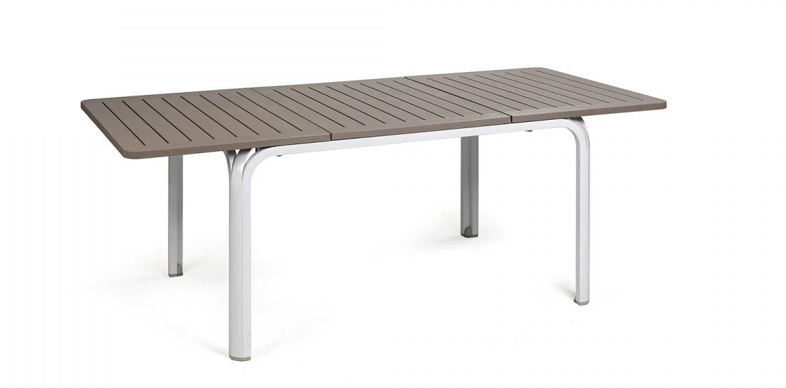 Mesa Alloro 140 de Nardi extensible a 210 cm, con sobre de resina DurelTOP en color tortora y patas de aluminio blanco