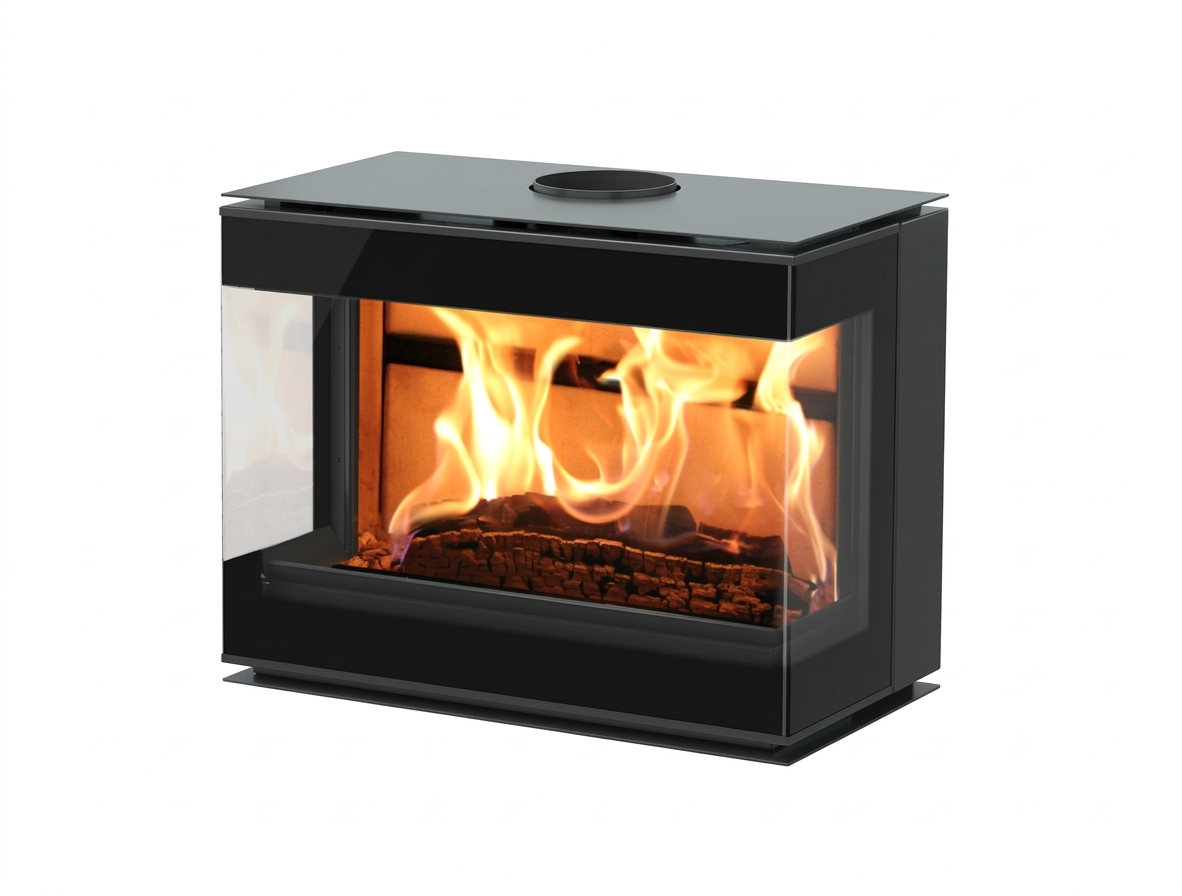Insertable de leña Efrem 700.49 de Nobis con acabado de cristal negro serigrafiado y diseño de alta eficiencia.