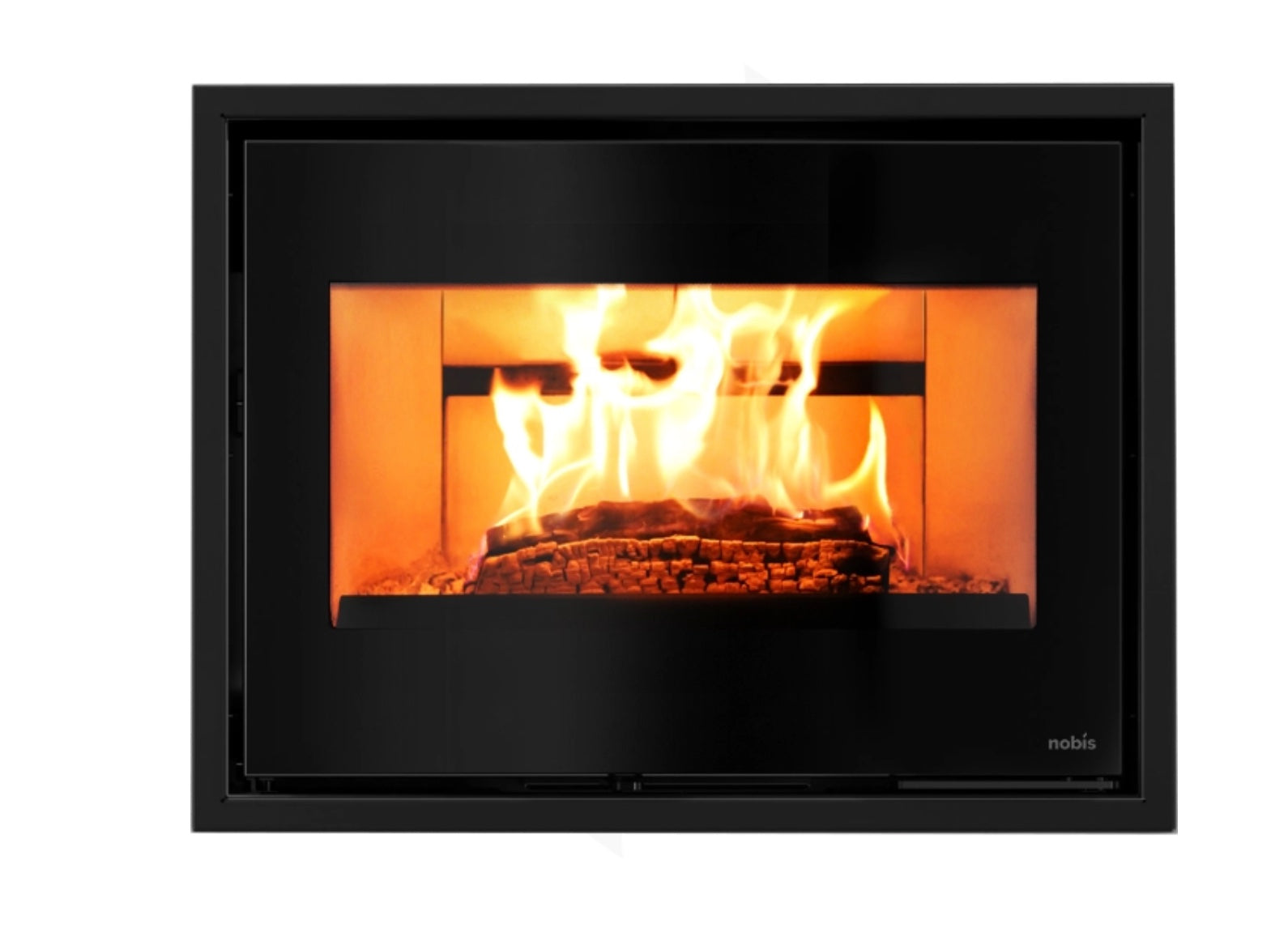 Frontal del insertable Nobis Efrem 700.55 con cristal serigrafiado negro y gran cámara de combustión con fuego encendido