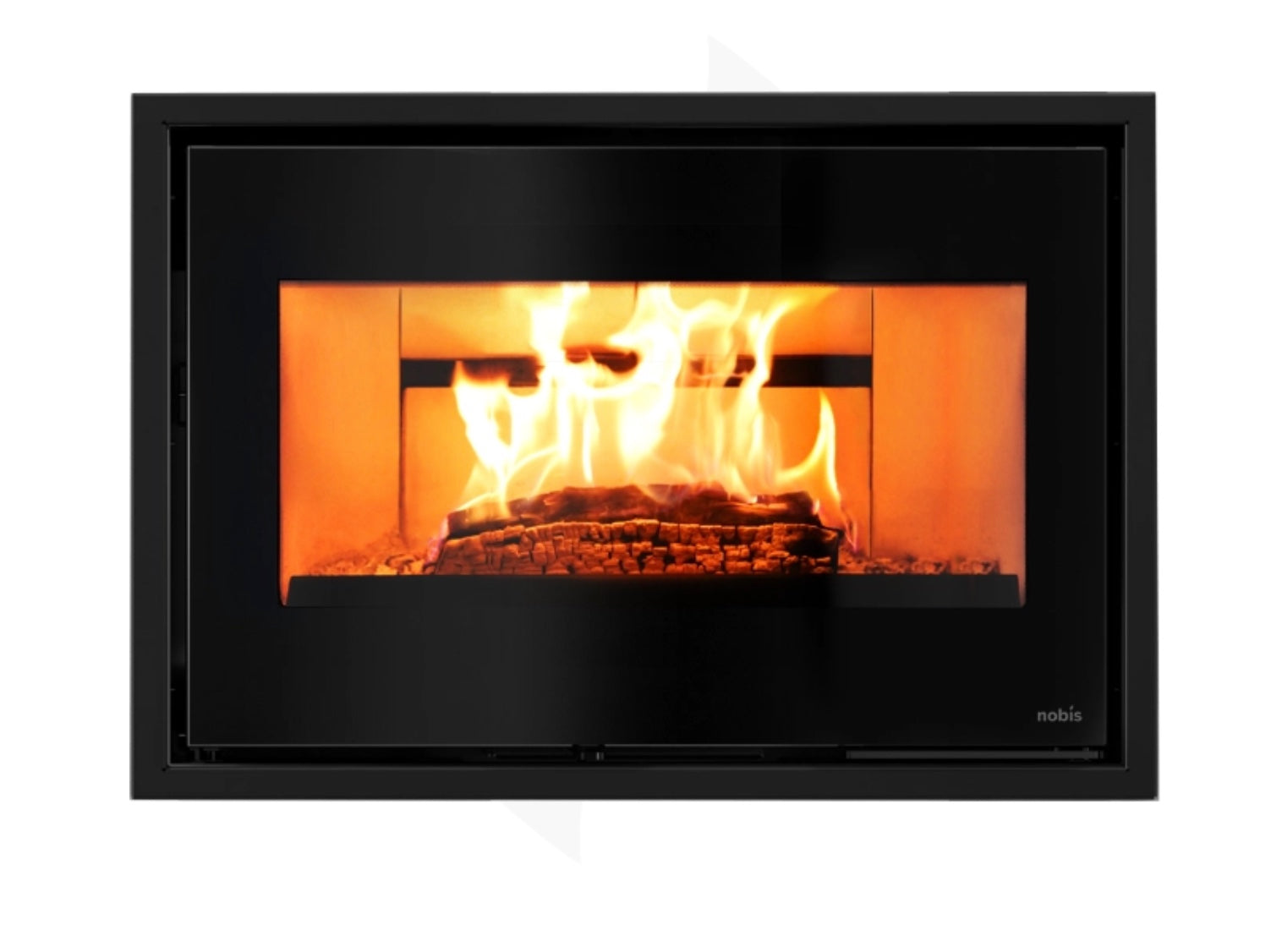 Frontal del insertable de leña Efrem 800.55 de Nobis con acabado de cristal serigrafiado negro y visión panorámica del fuego.
