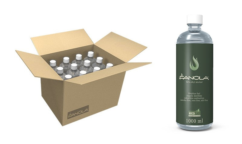 Caja de 12 botellas de 1L de combustible Fanola para chimeneas de bioetanol