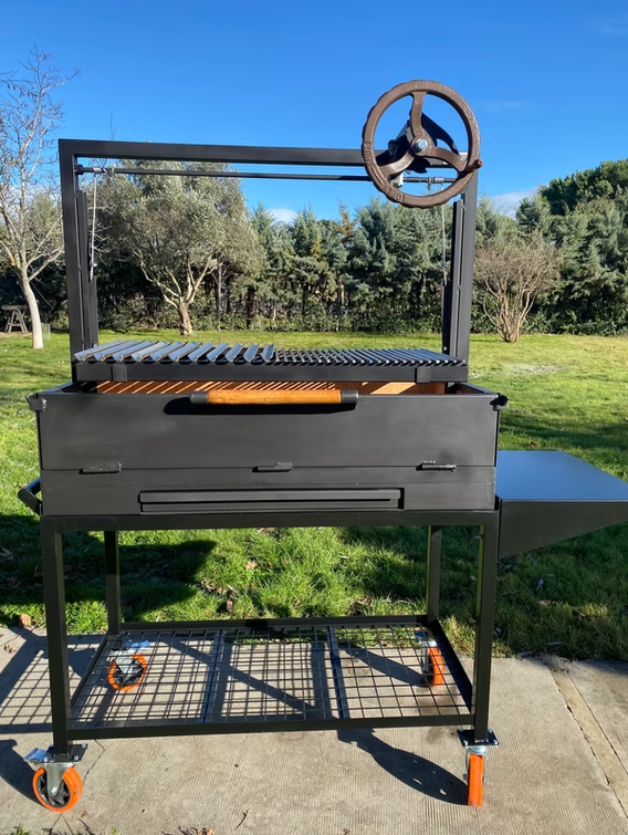 Parrilla argentina de acero con caja de fuego reforzada de 100x54 cm y ruedas de alta resistencia para jardín