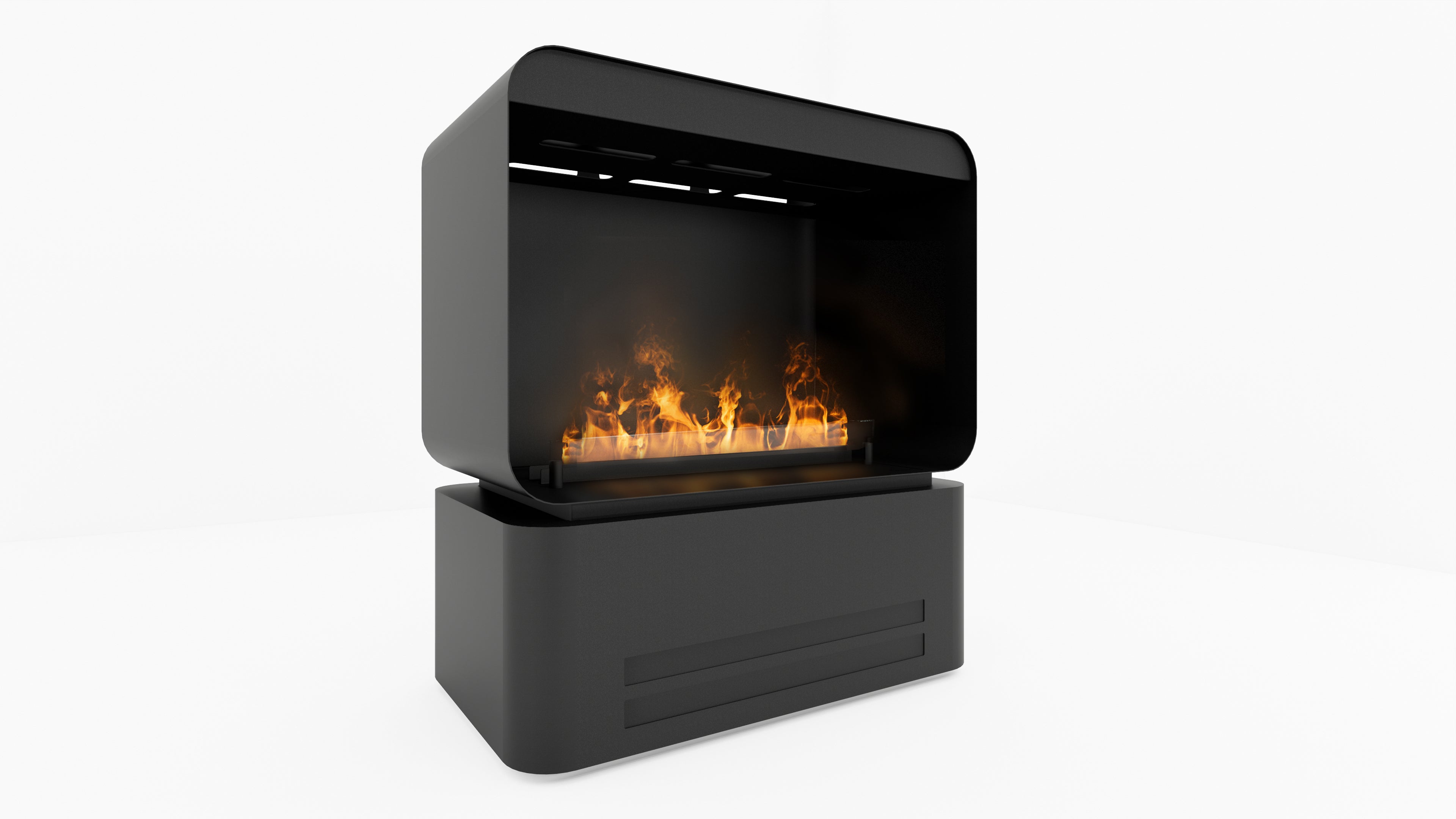 Vista frontal de la chimenea automática Planika AI en acabado negro mate con llama real