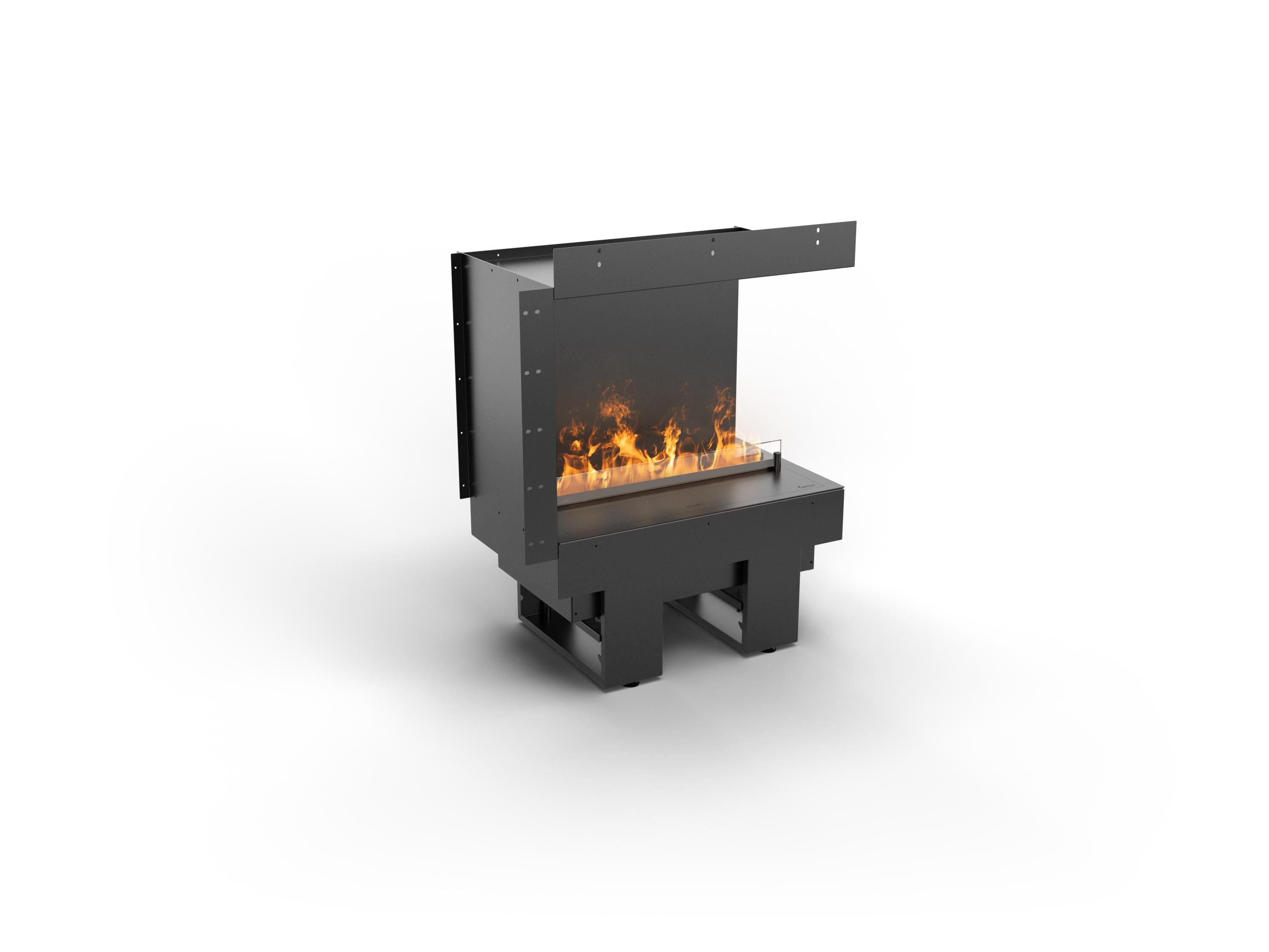 Chimenea de vapor de agua con apertura lateral derecha para proyectos a medida y vista a dos ccaras con apertura en el lado derecho