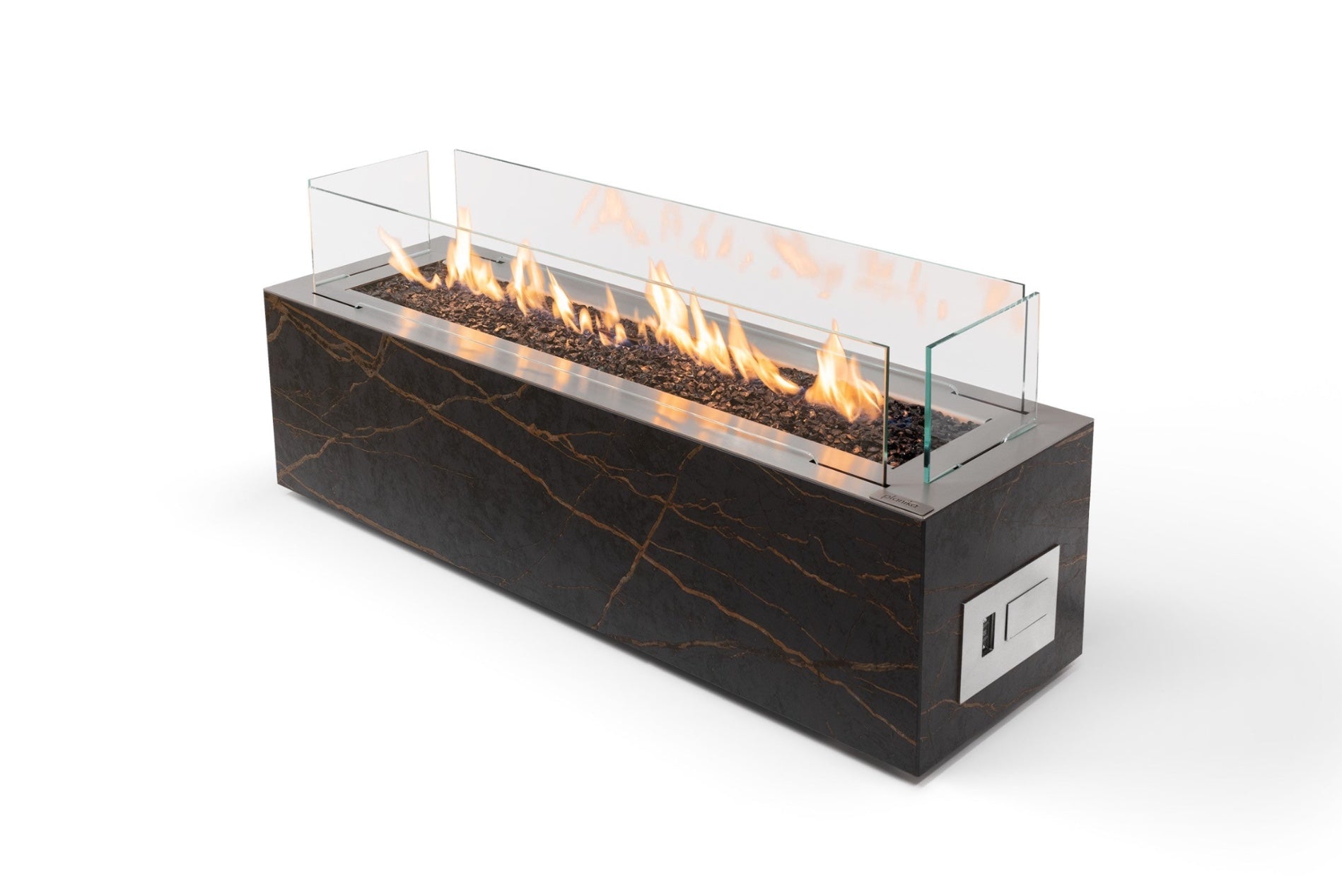 Quemador de gas automático Planika Galaxy en acabado Dekton Laurent negro con vetas doradas.