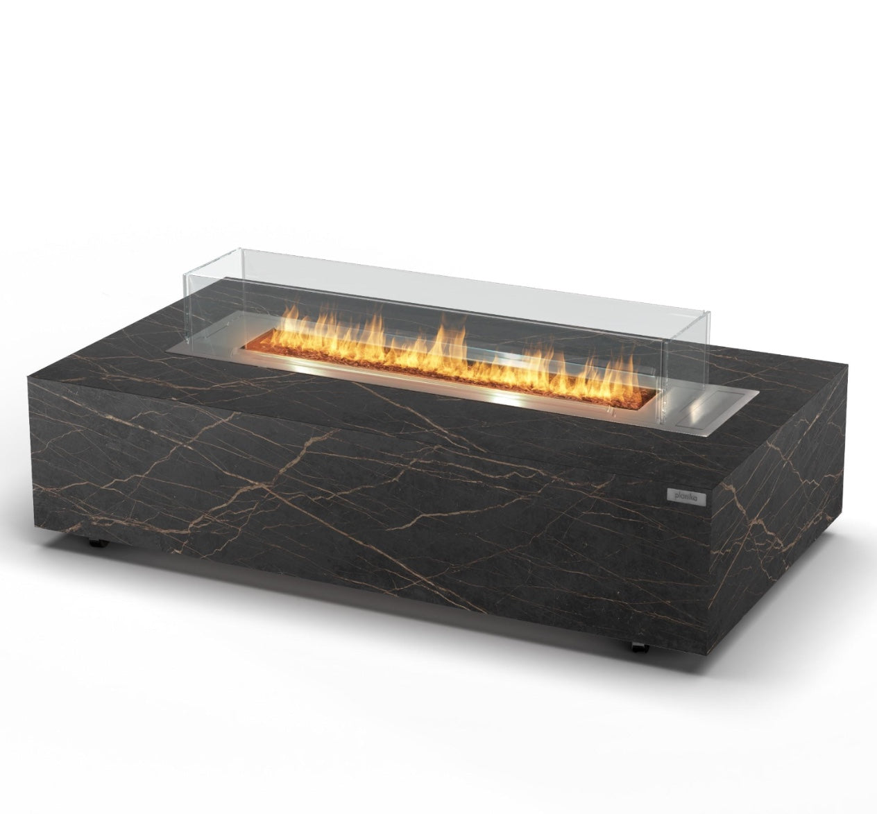 Mesa de exterior con fuego de gas Planika Galaxy Table en acabado Dekton Laurent (negro veteado)