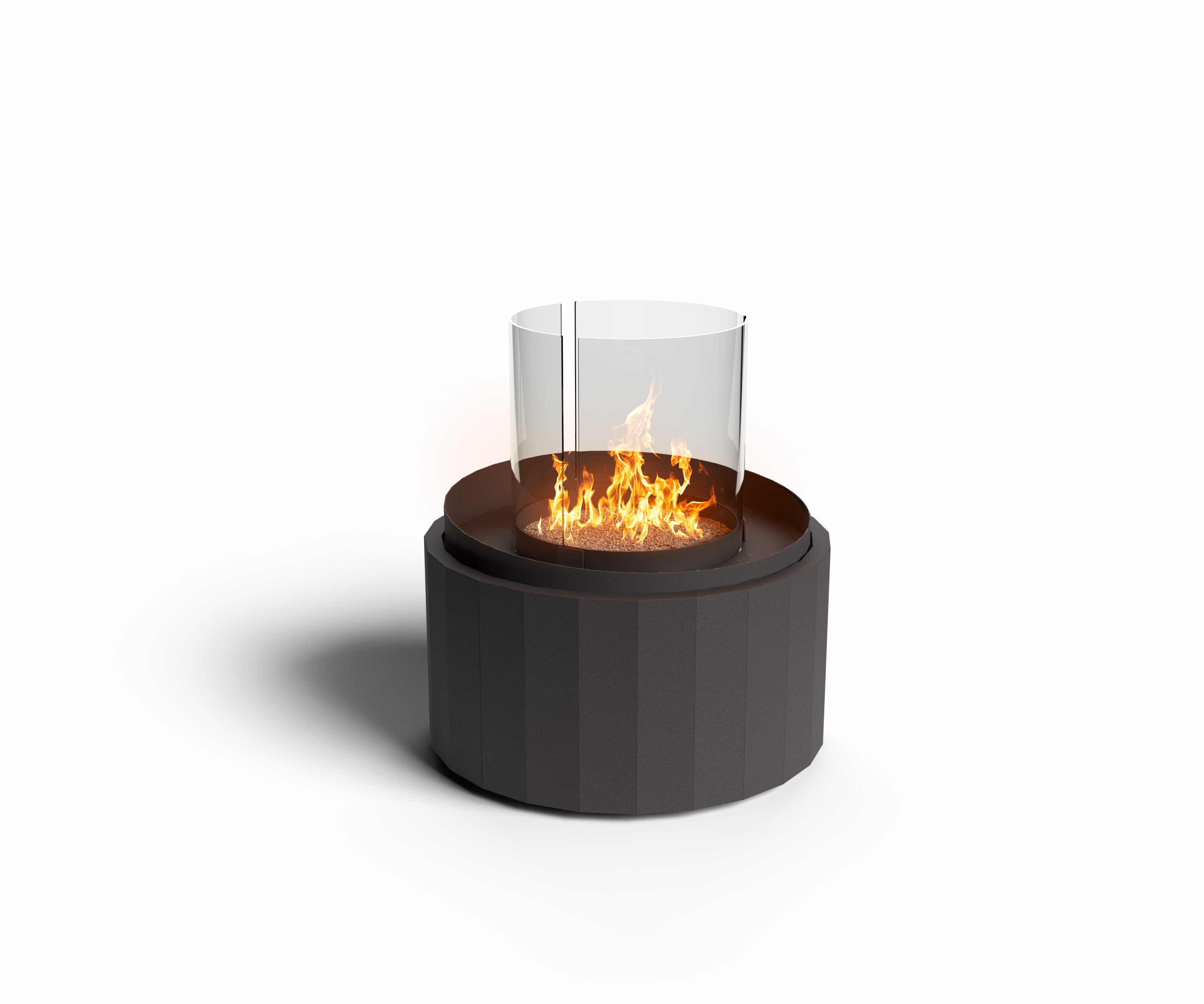 Vista de producto de la chimenea autoportante Planika Nest en acabado negro mate con cristal