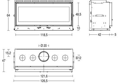 Plano técnico detallado del Piazzetta MC 120/48 SL que muestra el ancho de 120 cm de la boca del hogar y el sistema de salida de humos superior.