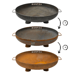 Explicación visual del proceso de oxidación natural (patinado) del acero corten del brasero BonBowl Plus