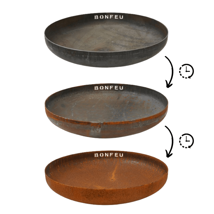 Evolución del color óxido natural del acero corten en el BonBowl de BonFeu