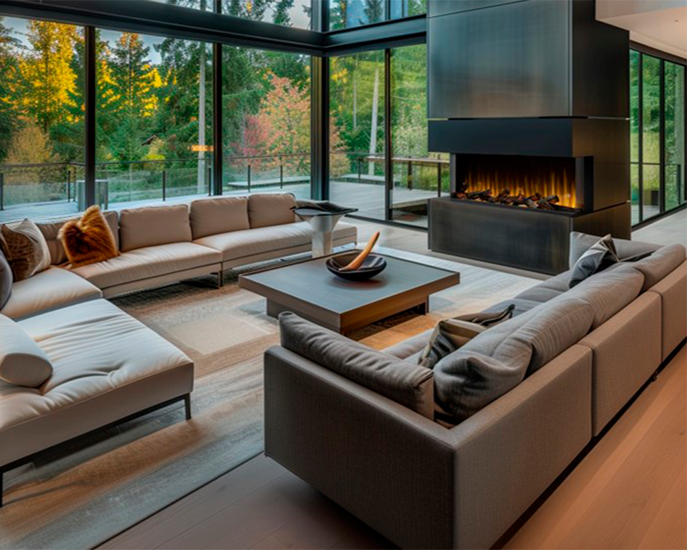 Salón de diseño con grandes ventanales y chimenea Dimplex Night Ultra integrada