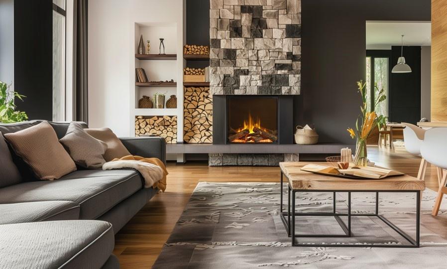 Salón contemporáneo con chimenea Dimplex Night ASP 76 integrada en pared de piedra
