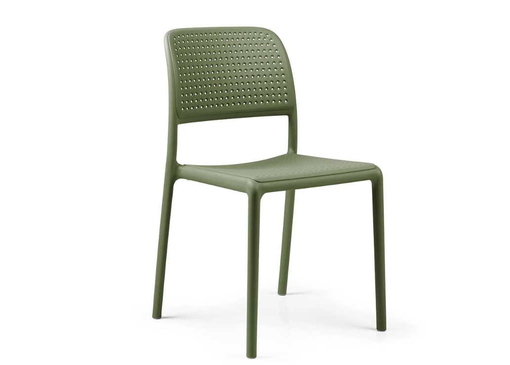 Silla para exterior Nardi Bora Bistrot en color agave, diseño sin brazos con respaldo perforado transpirable en resina mate