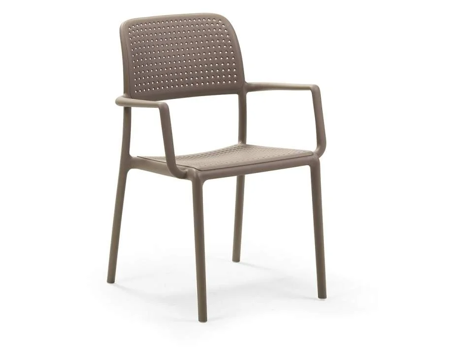 Silla de terraza apilable Nardi Bora en color tortora, fabricada en Italia con acabado mate y protección contra rayos UV