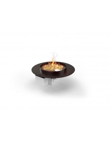 Primer plano del sistema de combustión de gas del fire pit Planika Stella
