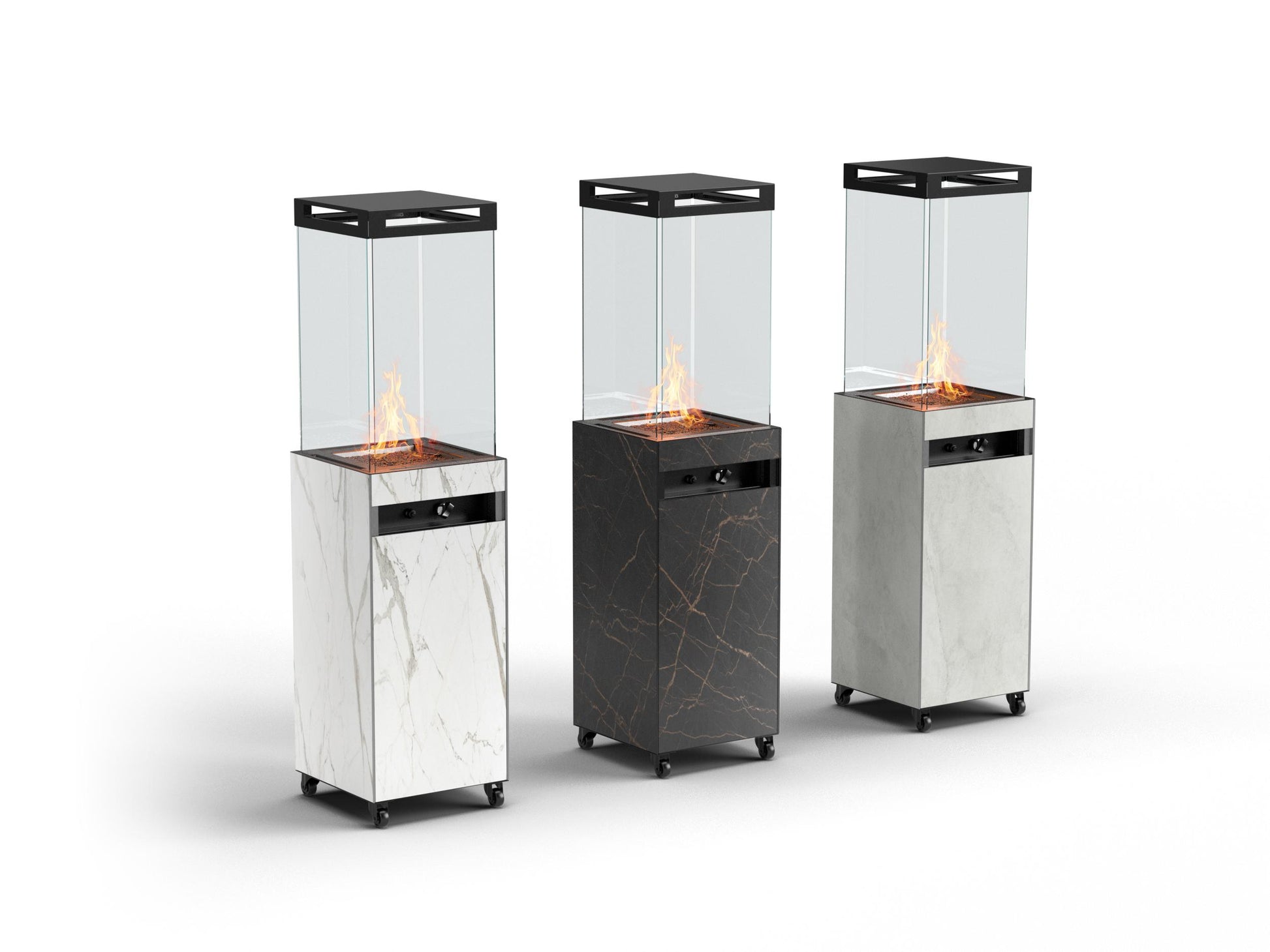 Comparativa de los tres acabados de la chimenea Zoia: blanco, negro y gris.